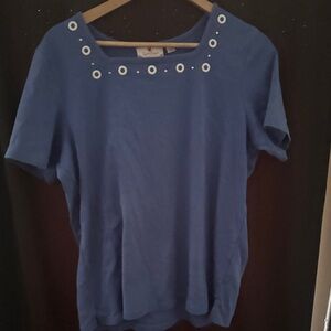 Quacker Factory Blue Short Sleeve Top with Eyelet Accents
